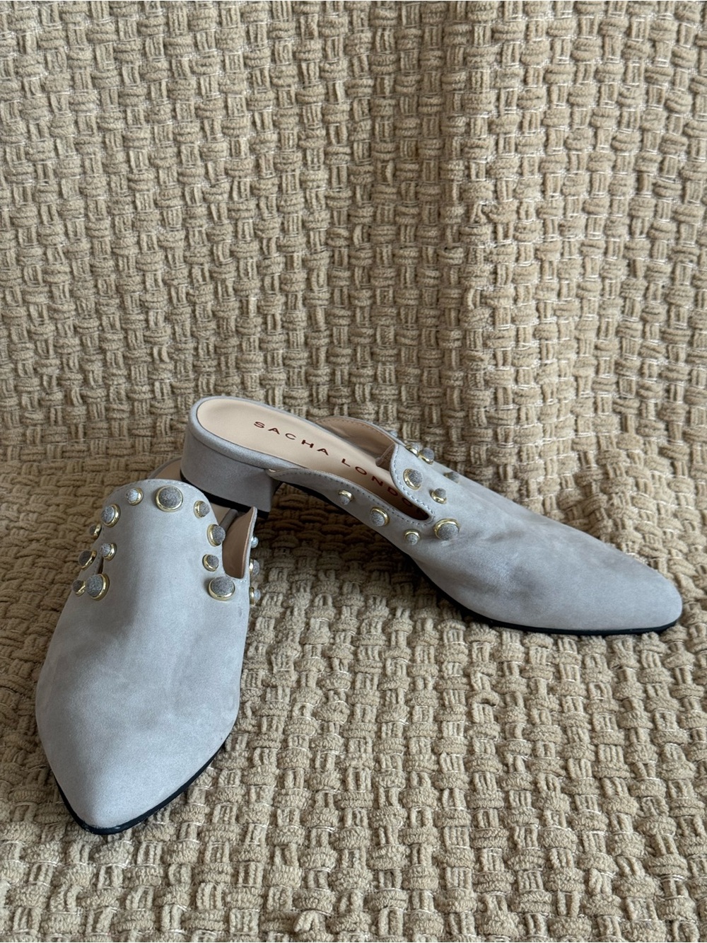 Sacha London Light Grey Suede Studded Mules